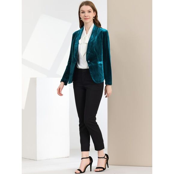 Women's Coat Solid Shawl Collar 1 Button Velvet Blazer Lake Blue - Picture 3 of 6